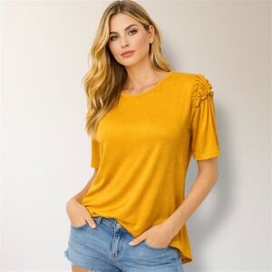 New After Market S Mustard Ruffle‎ Shoulder Short Sleeve Blouse Cottagecore Boho